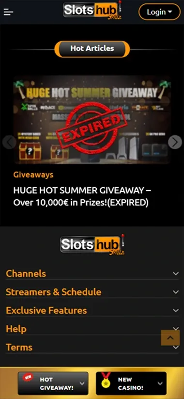 Slots Hub mobile app expired giveaway banner showing over 10,000€ in prizes